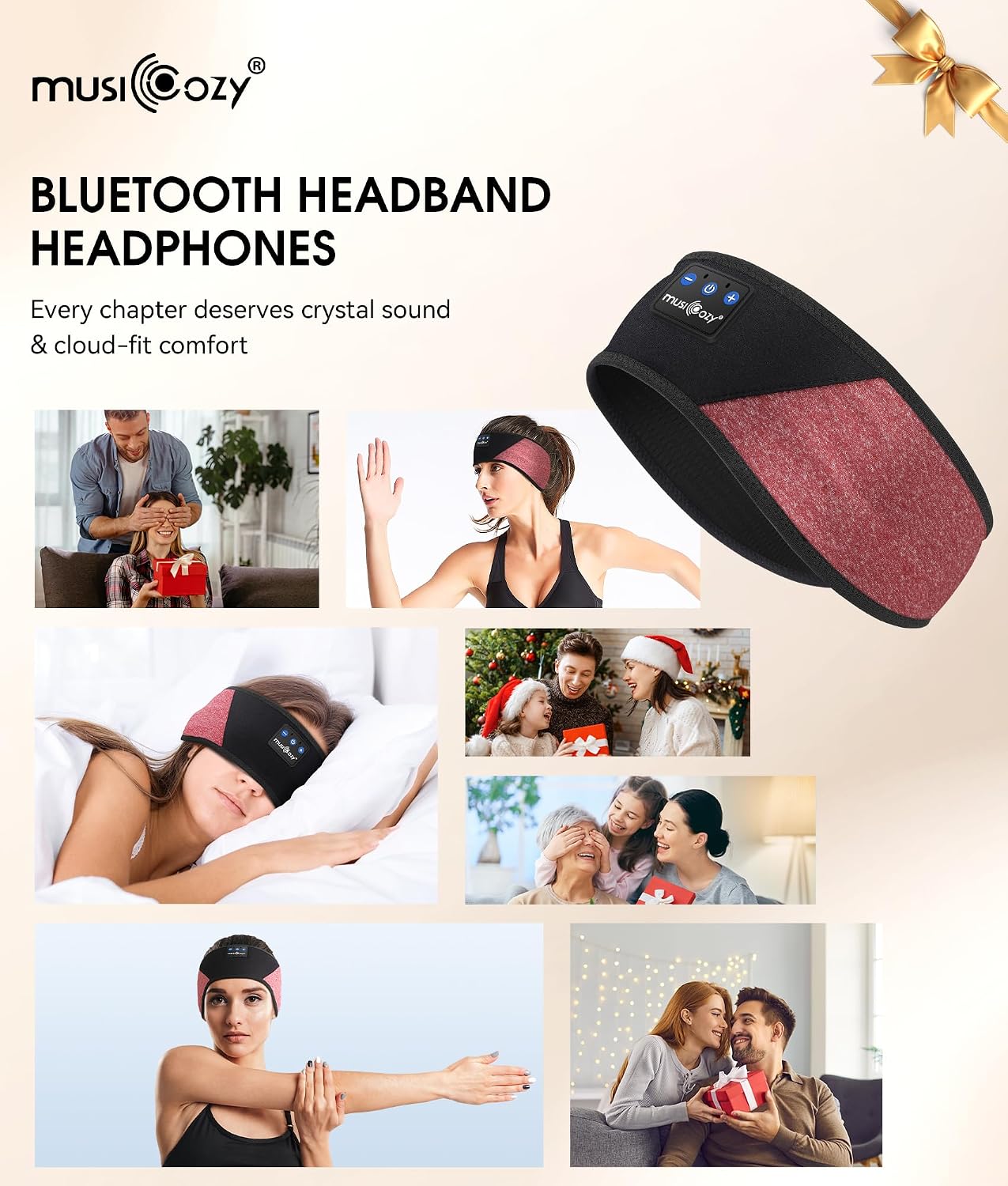 MUSICOZY Sleep Headphones Bluetooth 5.4 Headband, Wireless Earphones Music Sleep Earbuds Sleeping Eye Mask with HD Stereo Speakers for Workout Running Travel Yoga, Ideal Gifts for Men Women Mom Dad