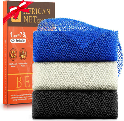 UJFQBH 3 Pieces African Bath Sponge African Net Long Net Bath Sponge Exfoliating Shower Body Scrubber Back Scrubber Skin Smoother,Great for Daily Use (Pink,Yellow,Purple)