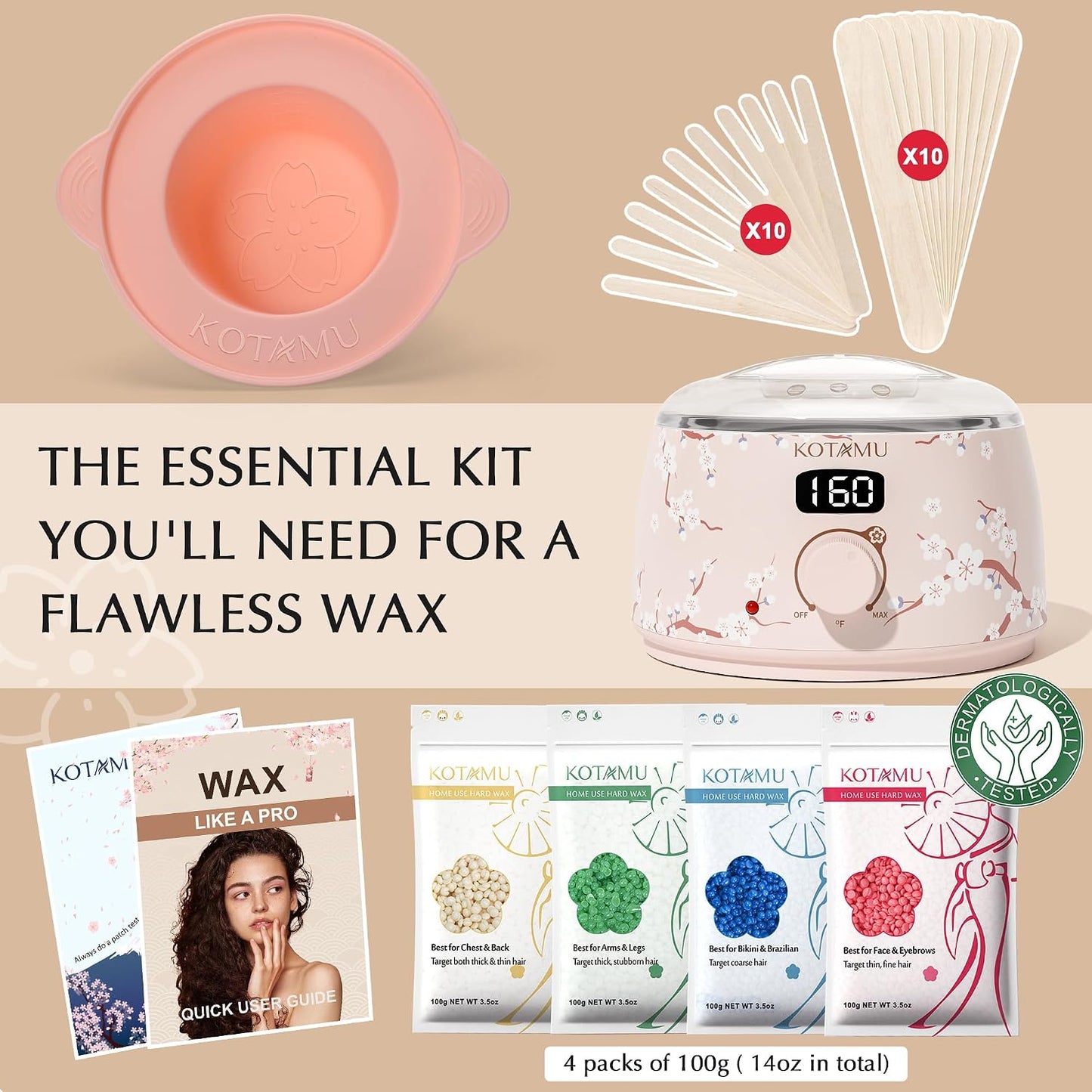 KOTAMU Waxing Kit for Women & Men, Pink Digital Wax Pot Warmer Hair Removal | Home Hard Wax Kit, Wax Machine, Face, Eyebrow, Bikini, Brazilian, Body, Sensitive Skin, 25 Accessories, Beginner-Friendly
