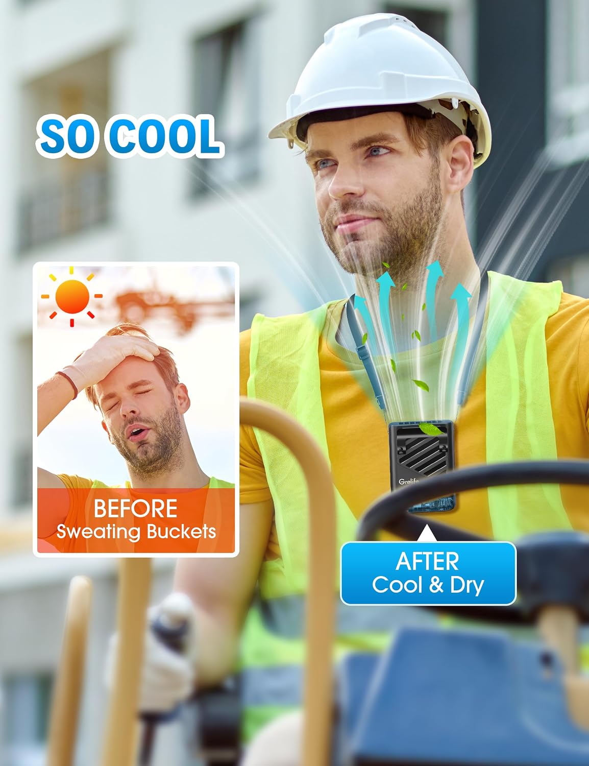 Grelife AI Portable Waist Fan Rechargeable,10000mAh LED Clip Fan,5 Speed 10000RPM 33ft/s Airflow,40H Runtime Hands-Free Neck Fan,Personal Wearable Cooling Fan for Outdoor,Camping,Jobsite,Travel(Black)