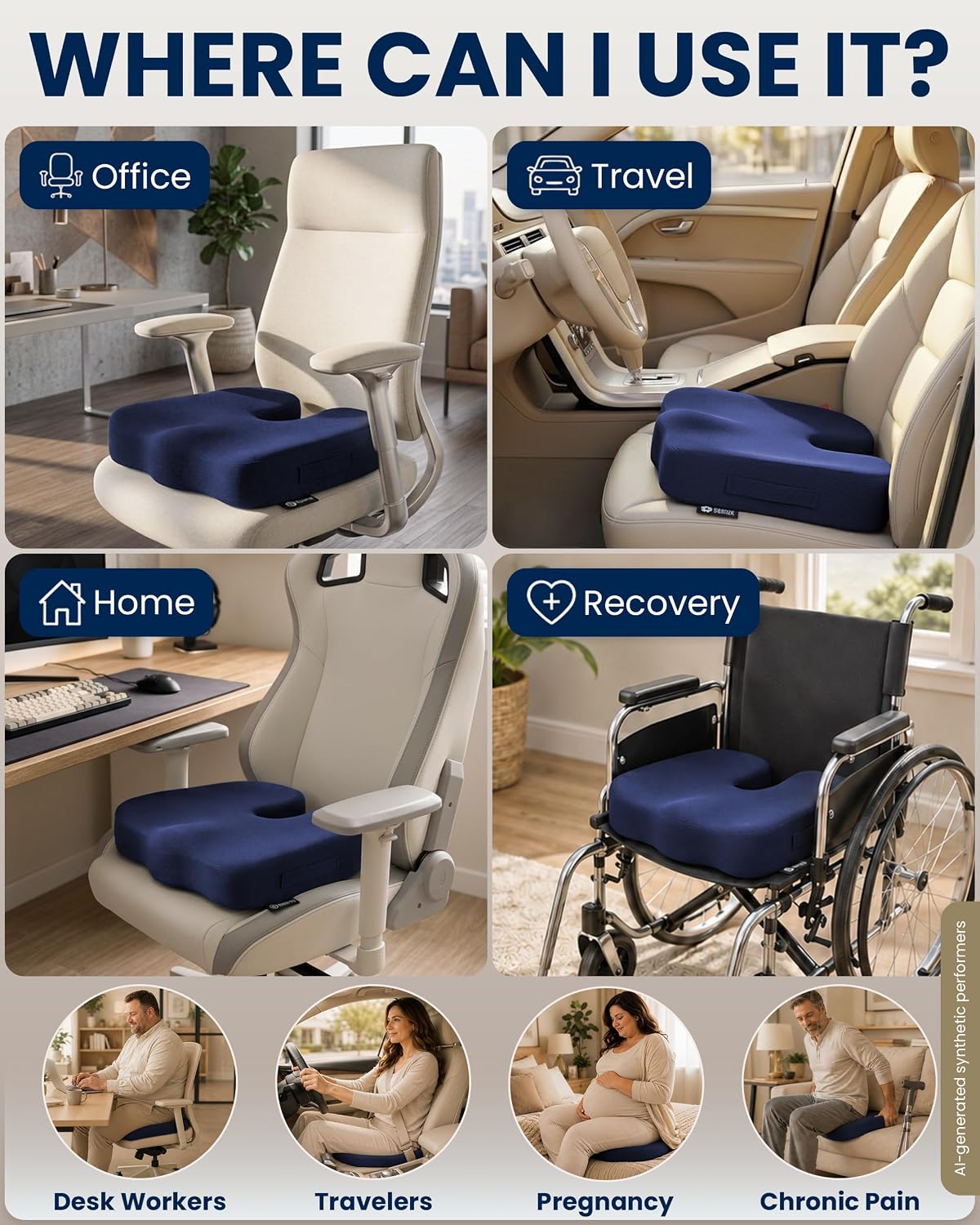 5 STARS UNITED Seat Cushion - Memory Foam Chair Cushion for Tailbone Pain Relief - Ergonomic Support for Coccyx, Sciatica & Butt - Office, Desk & Gaming Chair, Car Seat, Wheelchair, Black Suede