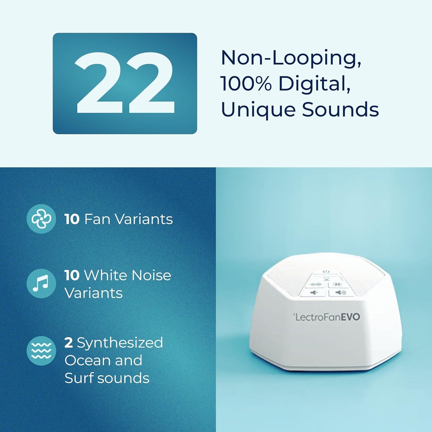 Adaptive Sound Technologies LectroFan EVO - Non-Looping Sound Machine for Sleep - Soothing Noise - Convenient Sleep Timer - Lightweight Build - USB-Powered - White