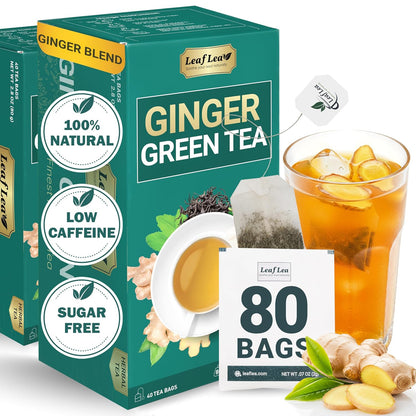 LeafLea Ginger Green Tea Bags, Digestion & Immune Support, 80 Count, 2-Pack