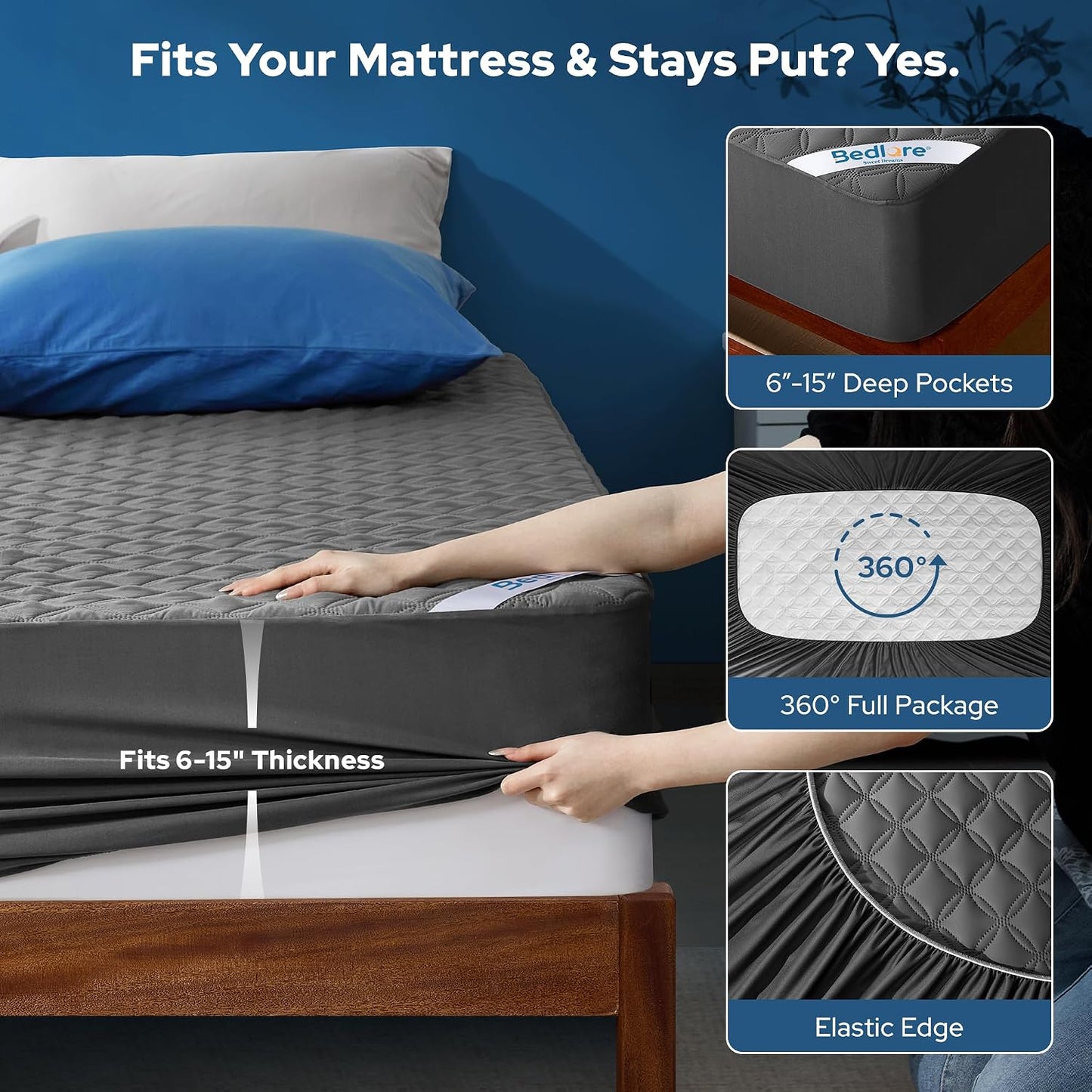 BEDLORE Waterproof Mattress Protector, Noiseless King Size Mattress Pad with Deep Pocket Fitted Up to 6-18 inches, Soft Breathable Dirt-Proof Bed Mattress Cover Washable for Bedroom, Hotel (Gray)