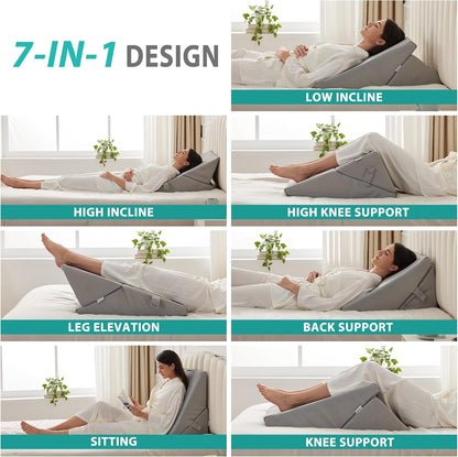 Bedluxe Wedge Pillow Headboard, 3PCS Orthopedic Bed Wedge Pillows Set for After Surgery, Adjustable Pillow Wedge for Acid Reflux&Back Pain Relief, Sleeping, Back Pillow for Bed Sitting Up, White/Grey