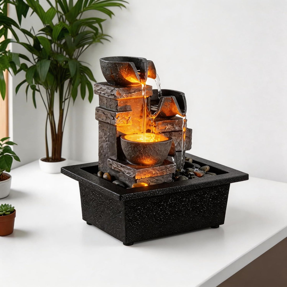 MAOCHI Tabletop Waterfall Fountain with LED Light, Indoor Zen Relaxation Desktop Water Feature with Automatic Silent Pump & Natural Stones, Desk Fountain for Home Office Decor, Stress Relief Gift