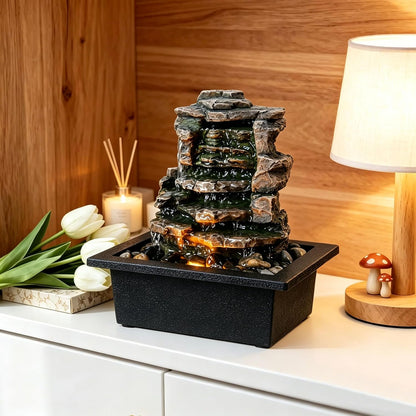 GOSSI Meditation Waterfall Fountain with LED Lights, Indoor Tabletop Water Fountain Decorated with Natural River Rocks, Office & Home Relaxation Decor, Christmas Decoration