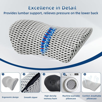 Lumbar Pillow, Memory Foam Lumbar Support Pillow for Office Chair and Car Seat, Ergonomic Streamline Back Pillow for Lower Back Pain Relief, Back Support Pillow for Sitting, Driving, Traveling