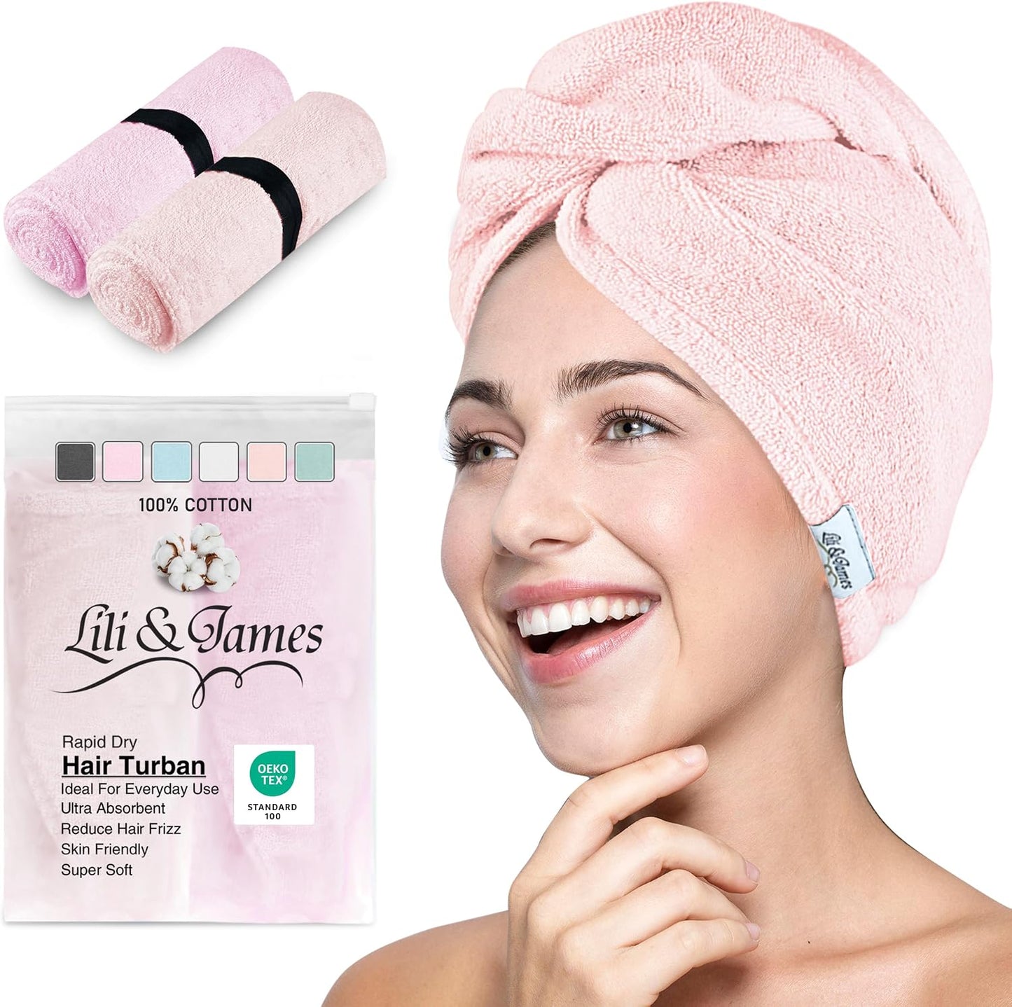 Lili&James 100% Cotton Hair Towel Wrap for Women & Kids – 420 GSM Quick Dry Hair Turban with Double Button Loop, Anti Frizz Non Microfiber Hair Drying Towel for Curly, Long & Thick Hair (Lilac)