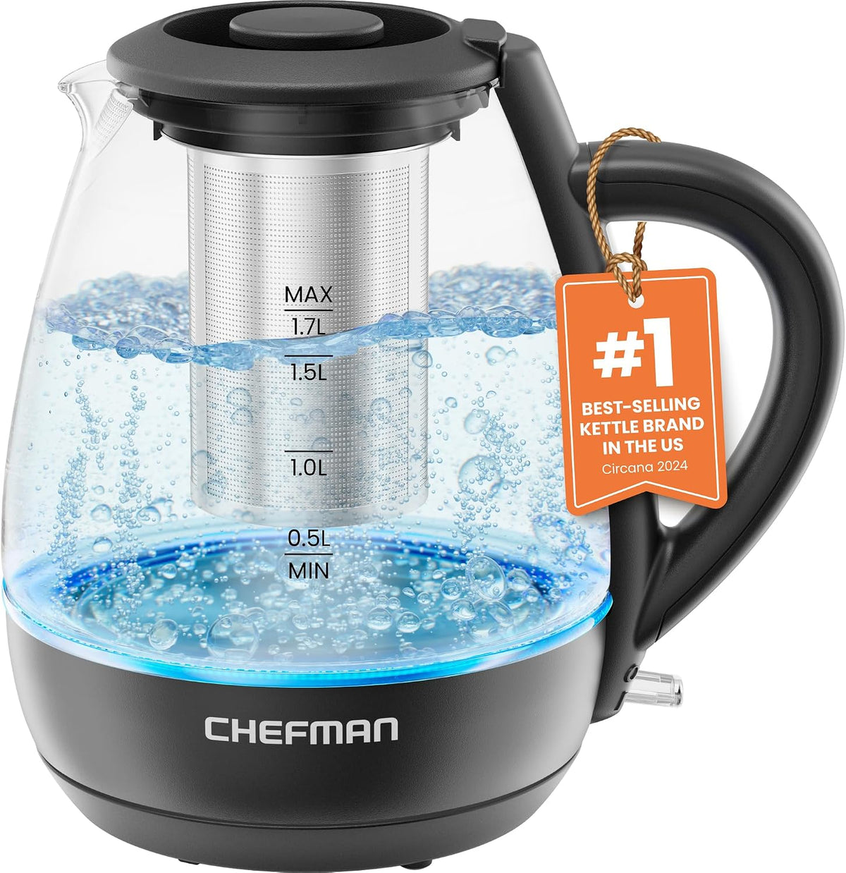 Chefman Electric Kettle with Tea Infuser, Compact 1L (4 Cups), 1500W, Removable Lid for Easy Cleaning, Boil-Dry Protection, Stainless Steel Filter, BPA Free, Auto Shut Off, Small Electric Tea Kettle