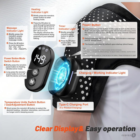 Cordless Heated Shoulder Brace with Vibration, 3 Heat & Massage Settings, Shoulder Heating Pad for Pain Relief, Adjustable Shoulder Warmer for Men and Women(Grey)