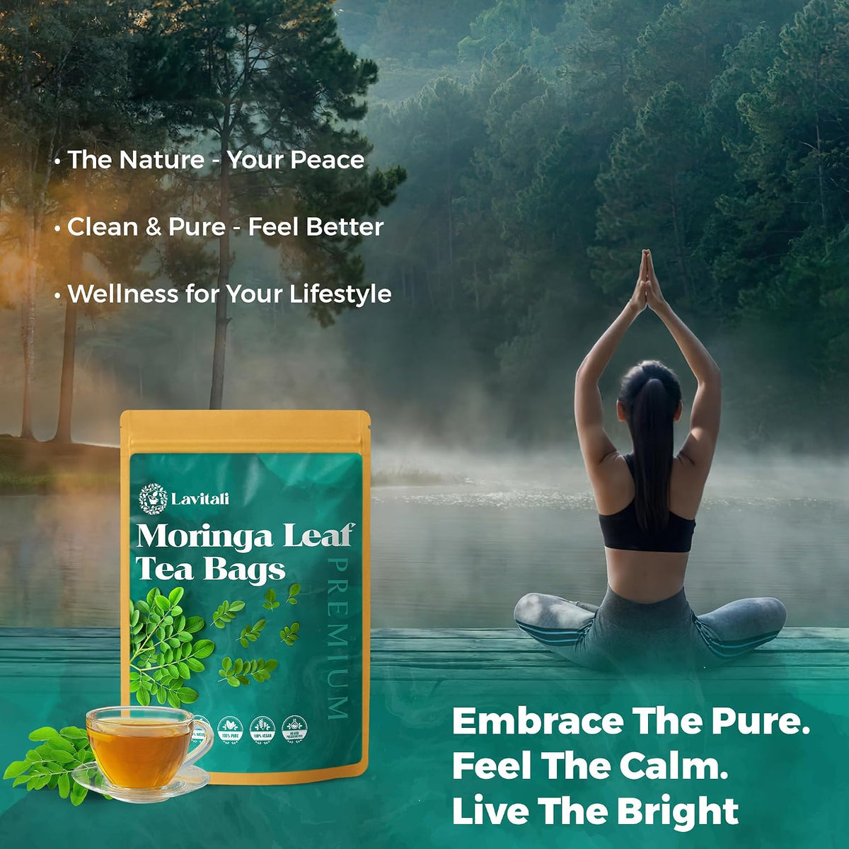 Lavitali, Moringa Leaves Tea | 60 tea bags, 100% Pure Herbal Tea | Caffeine-Free, Eco-Friendly Filter Bags | Daily Natural Botanical, Hot or Iced Herbal Infusion