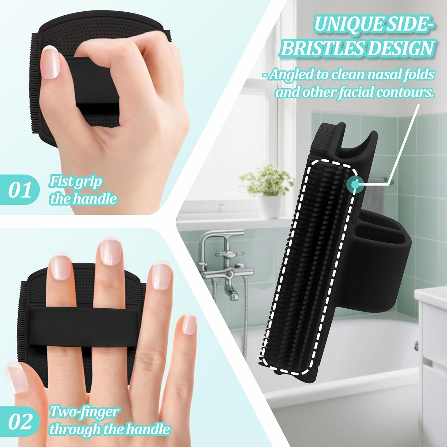 Silicone Back Scrubber & Bath Glove Set 2PCS, 13.4'' Gentle Shower Back Scrubber with Dual-Side Head Non-Slip Handle, 360° Anti-Slip Hand-fit Bath Glove for Rich Foaming Deep Cleaning(Black)