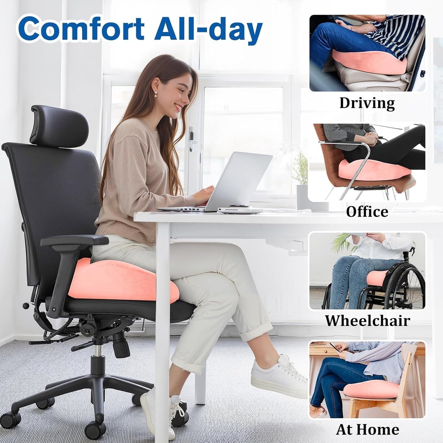 CushyOasis Seat Cushion, Gel Chair Cushions, Office Chair Cushions, Anti-Slip Bottom & Removable Cover Tailbone Pain Relief Cushion, Memory Foam Seat Cushion for Office, Wheelchair, Car (Black)