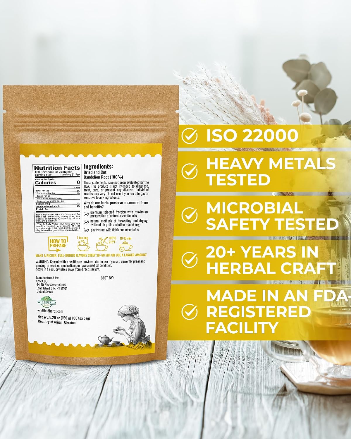 100 Bags Dandelion Root Tea Dandelion Tea Herbal (Taraxacum Officinale) - 100 Count 1.5g Bags Dried Herb Raíz De Diente De León