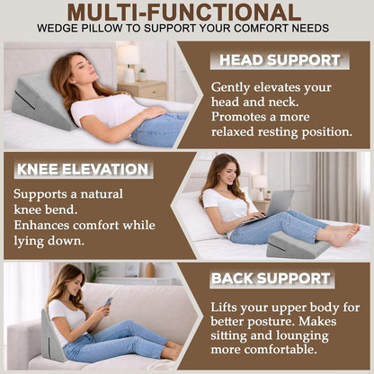 sokoro Bed Wedge Pillow for Sleeping, Small 7 Inch Compact Triangle Wedge Pillow for Acid Reflux, Sleep Apnea & Snoring Relief, Firm Incline for Back Support, Washable Cover (Grey, 24x14x7 in)