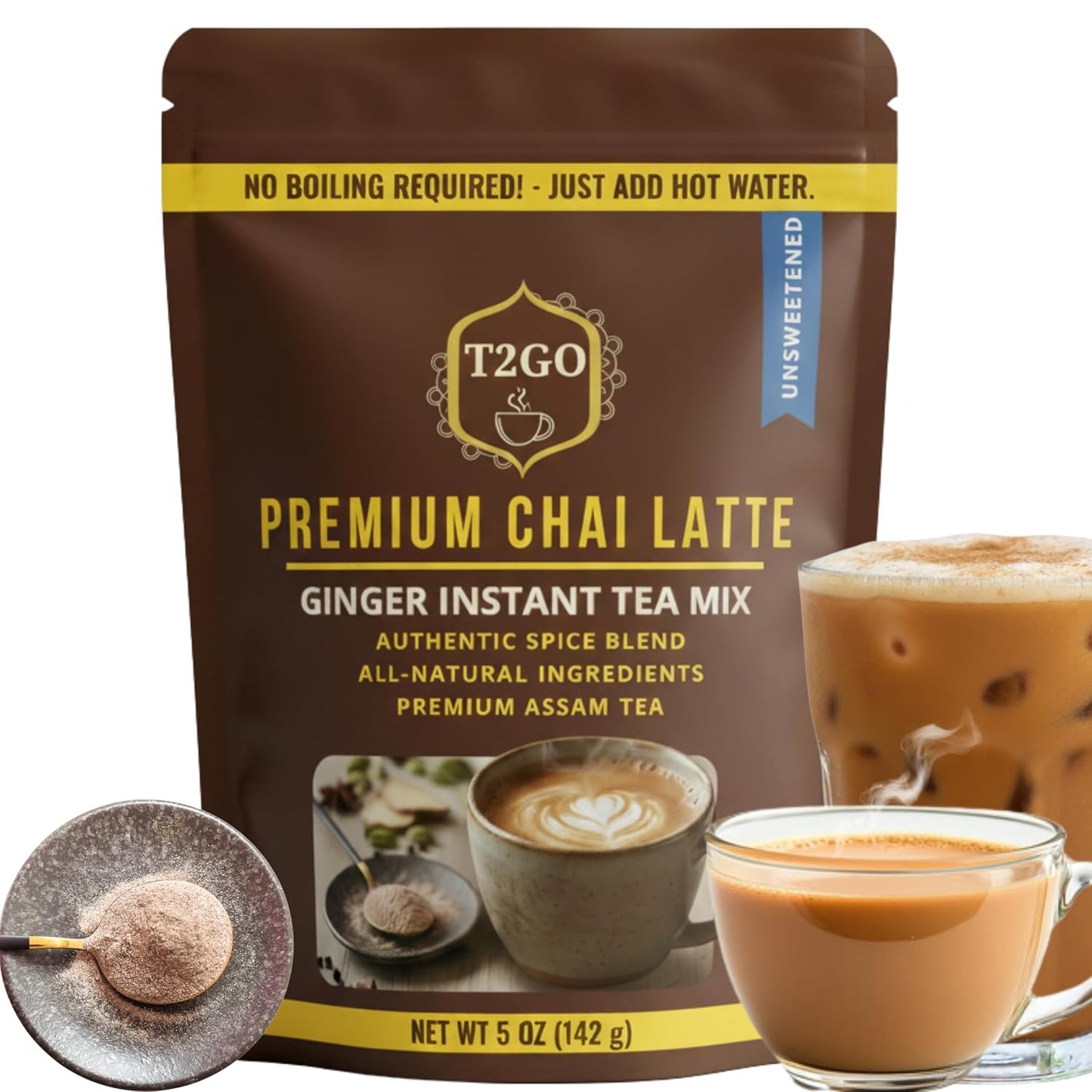 T2GO Unsweetened Ginger Chai Tea Latte Powder – No Added Sugar, 5 oz | Bold adrak ginger chai, unsweetened — real milk & spices built in, 45 cal, 0g added sugar