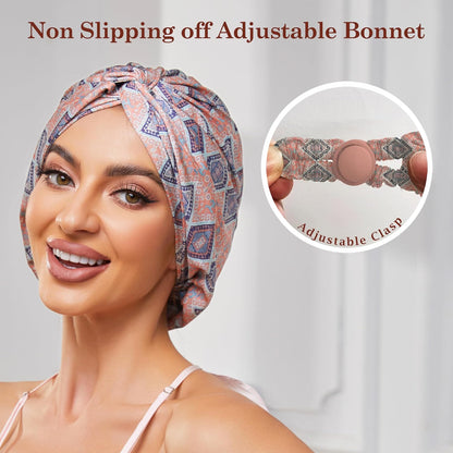 Adjustable Silk Satin Bonnet for Sleeping Hair Wrap, Double Layer Sleep Cap, Night Turban for Large Long Curly Braid Women Men Hair - Matcha Green