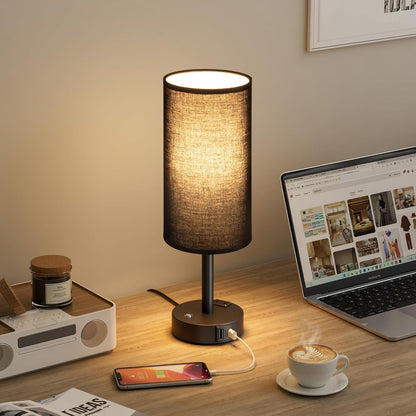 Touch Bedside Table Lamp with Memory - Stepless Dimmable Lamp for Bedroom, Small Nightstand Lamp with Dual USB Charging Ports and AC Outlet, Wood Night Light, Desk Lamp for Nursery, Living Room, Dorm