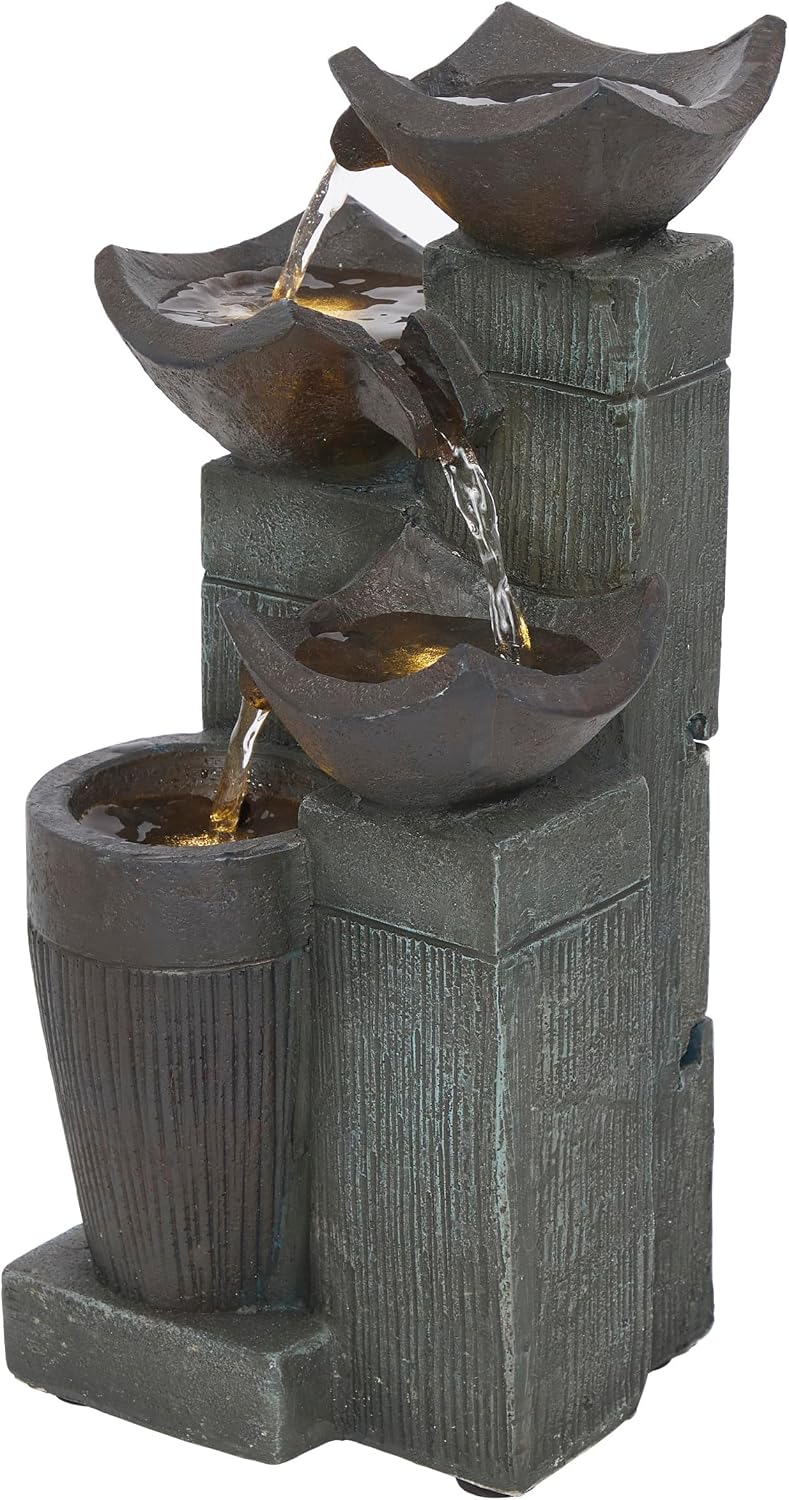 Alpine Corporatio 14" Tall Stoned Jar Cascading Water Fountain with LED Lights, Elegant Tabletop Water Feature for Home, Office, Living Room, and Bedroom Decor, Gray