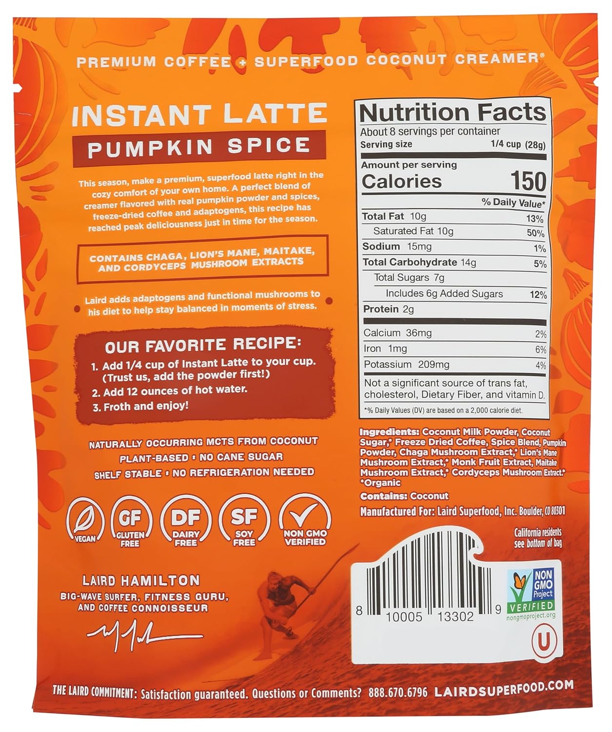 Laird Superfood Chai Instant Latte with Adaptogens - Instant Chai Tea Powder with Superfood Coconut Creamer - Gluten Free, Non-GMO, Vegan, 8 oz. Bag, Pack of 1