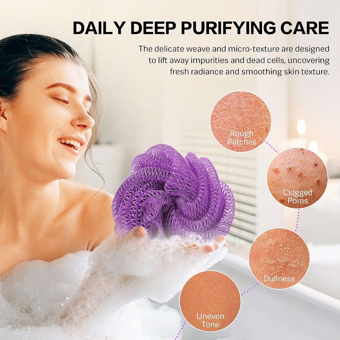 UJFQBH 3 Pieces African Bath Sponge African Net Long Net Bath Sponge Exfoliating Shower Body Scrubber Back Scrubber Skin Smoother,Great for Daily Use (Pink,Yellow,Purple)