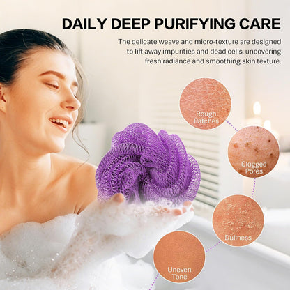 UJFQBH 3 Pieces African Bath Sponge African Net Long Net Bath Sponge Exfoliating Shower Body Scrubber Back Scrubber Skin Smoother,Great for Daily Use (Pink,Yellow,Purple)
