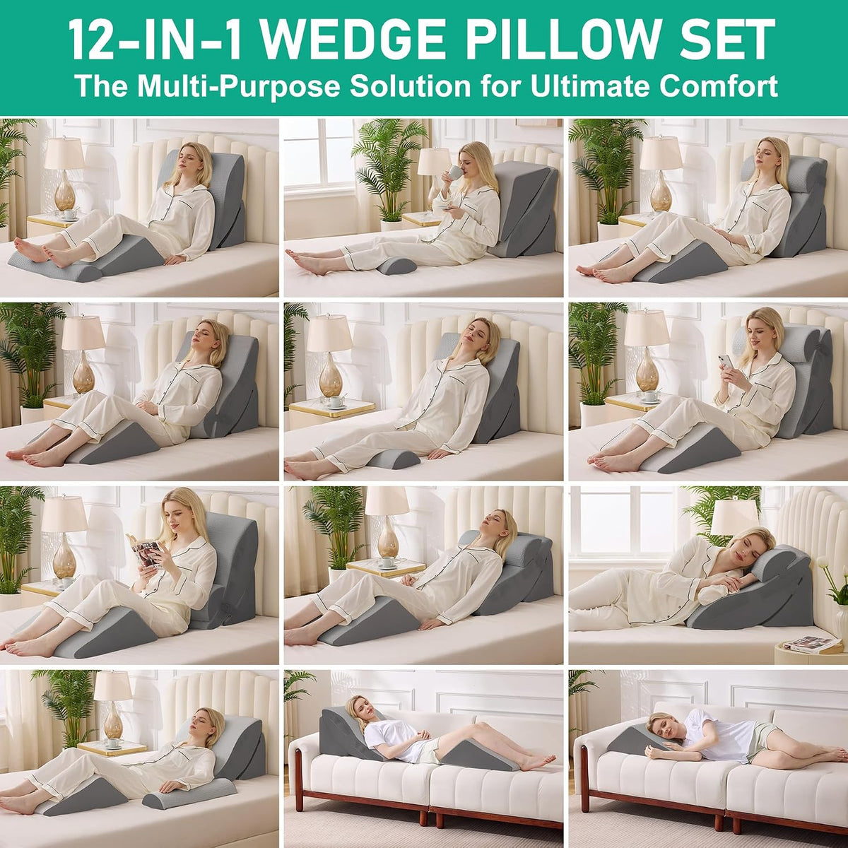 4PCS Wedge Pillow Set for After Surgery, White/Grey