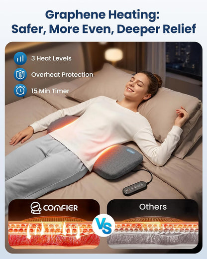 COMFIER Smooth Spine Triple Fusion Back Massager with Graphene Heat, 3-in-1 Cordless Lumbar Support Pillow with Remote Control, Vibration & Stretching, Ergonomic Lower Back Massager