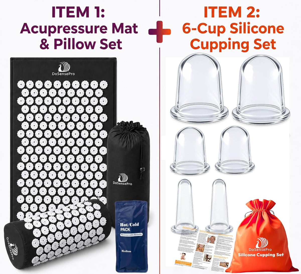 Black Acupressure Mat & Pillow + 6-Cup Cupping Set Bundle