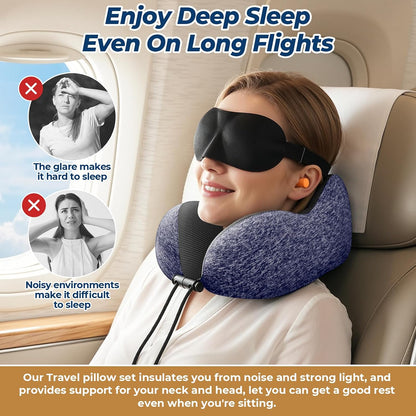 ExploreBliss Travel Pillow, Travel Pillows for Sleeping Airplane, Neck Pillow Airplane, Memory Foam Neck Pillow Set with Eye Mask, Earplugs and Storage Bag -Grey