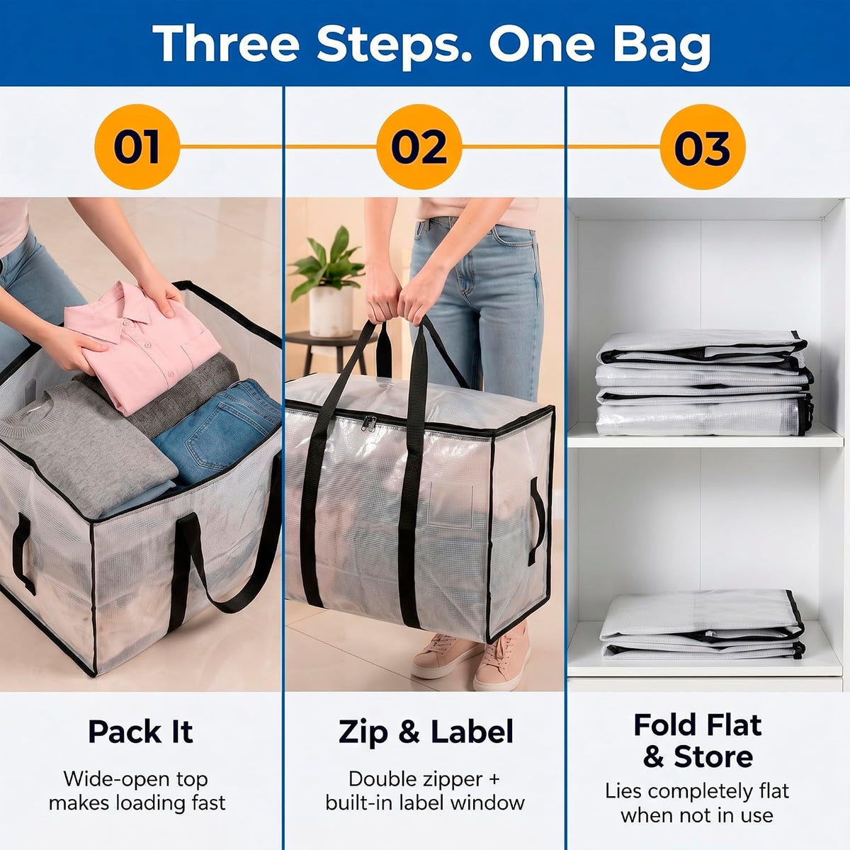 ClearSpace Heavy Duty Moving Bags - Water Resistant Storage Bags with Backpack Straps, Zippers and Handles - Large Moving Boxes for College Dorm, Travel, Closet Organization -, Clear