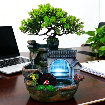 Mini Artificial Bonsai Tree Waterfall Fog Feature Rock Tabletop Fountain | 11in Desktop Decor Waterfall Fountain W/ Water Pump& Atomizer&LED Lights &Fake Tree Office Bedroom Relax