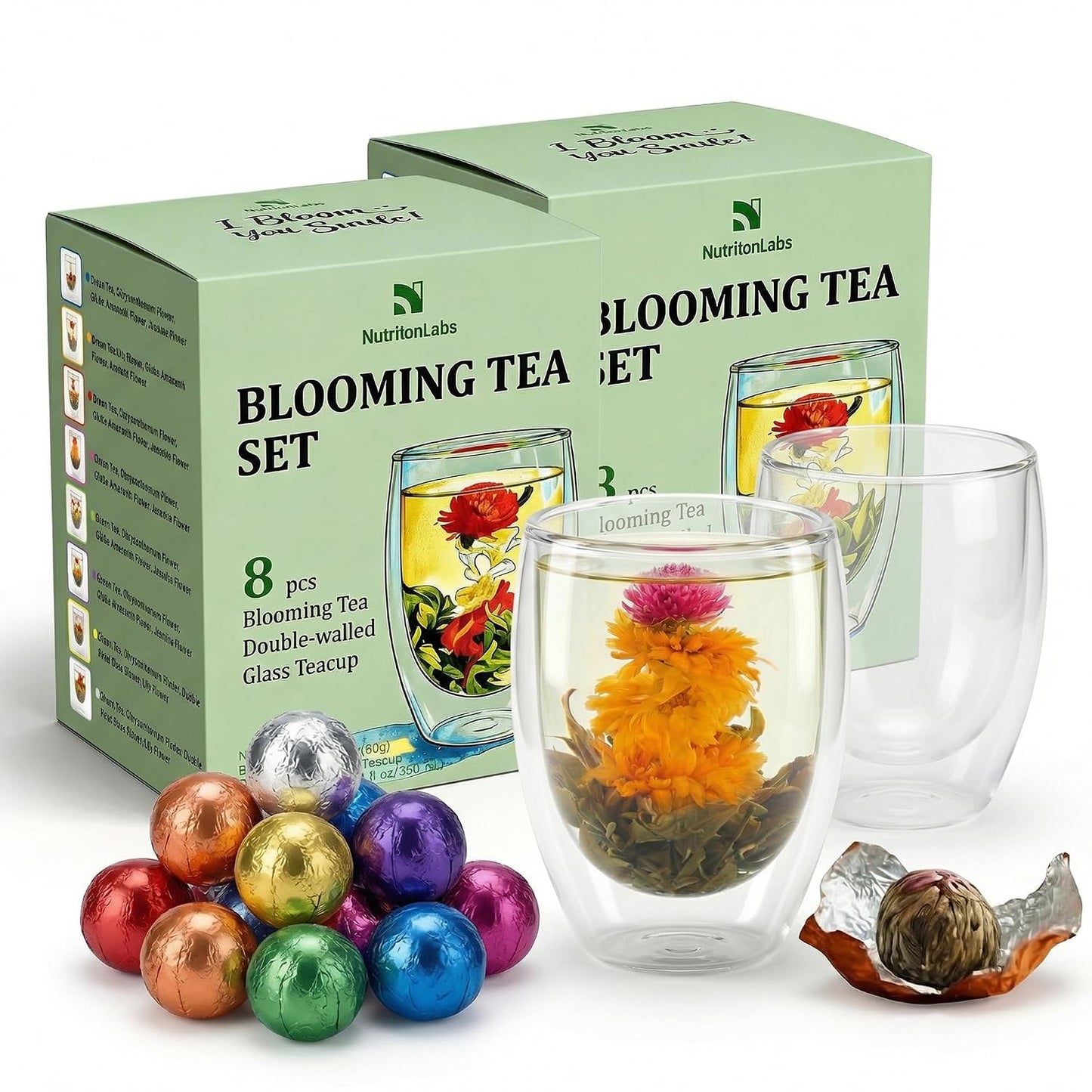 Blooming Tea Gift Set with Double-Walled Glass Teacup, 8 Handcrafted Flowering Tea Balls, Artisan Green Tea and Flower Varieties, Perfect Birthday and Anniversary Gift for Tea Lovers