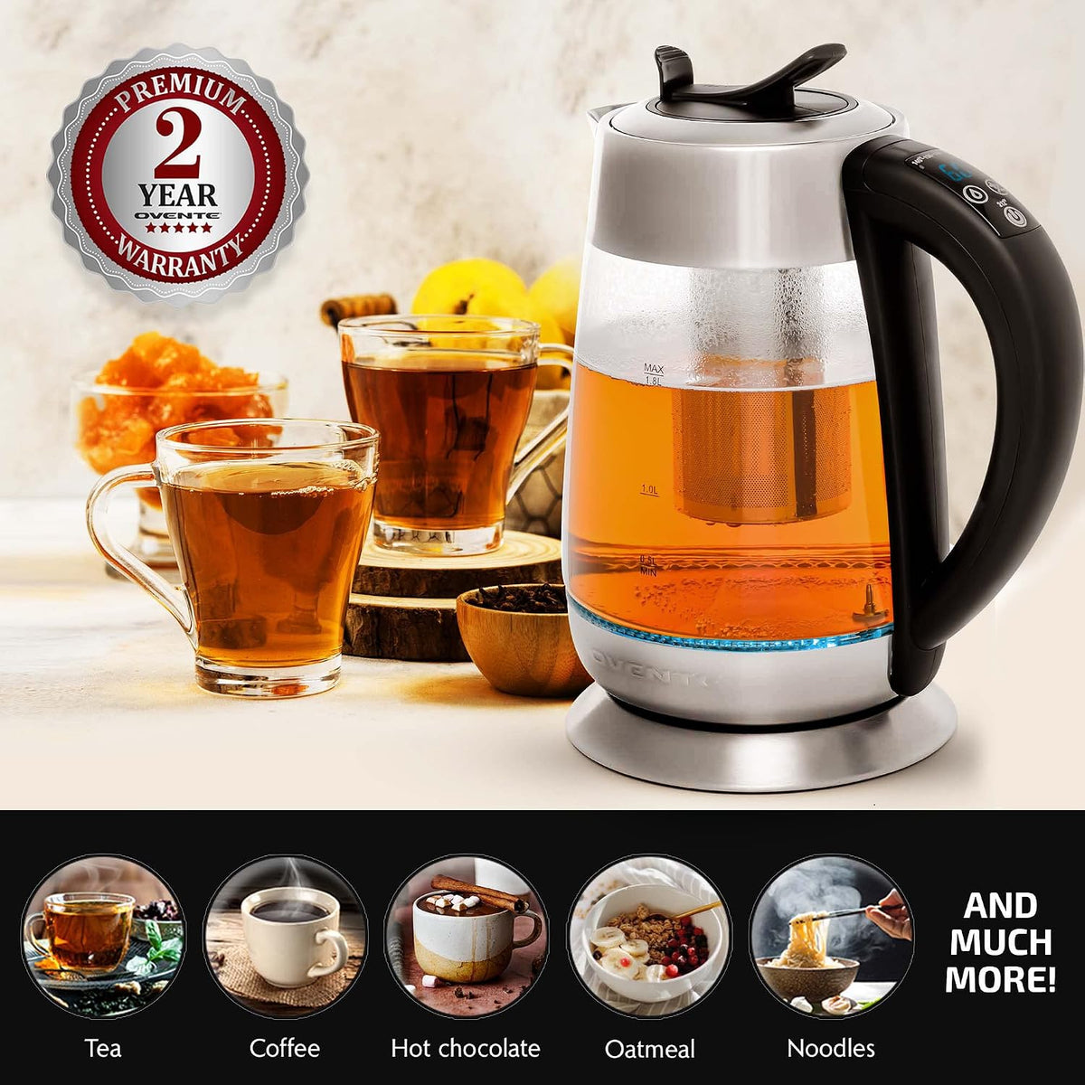 OVENTE 1.8L Glass Electric Kettle with Tea Infuser, Silver KGD752S