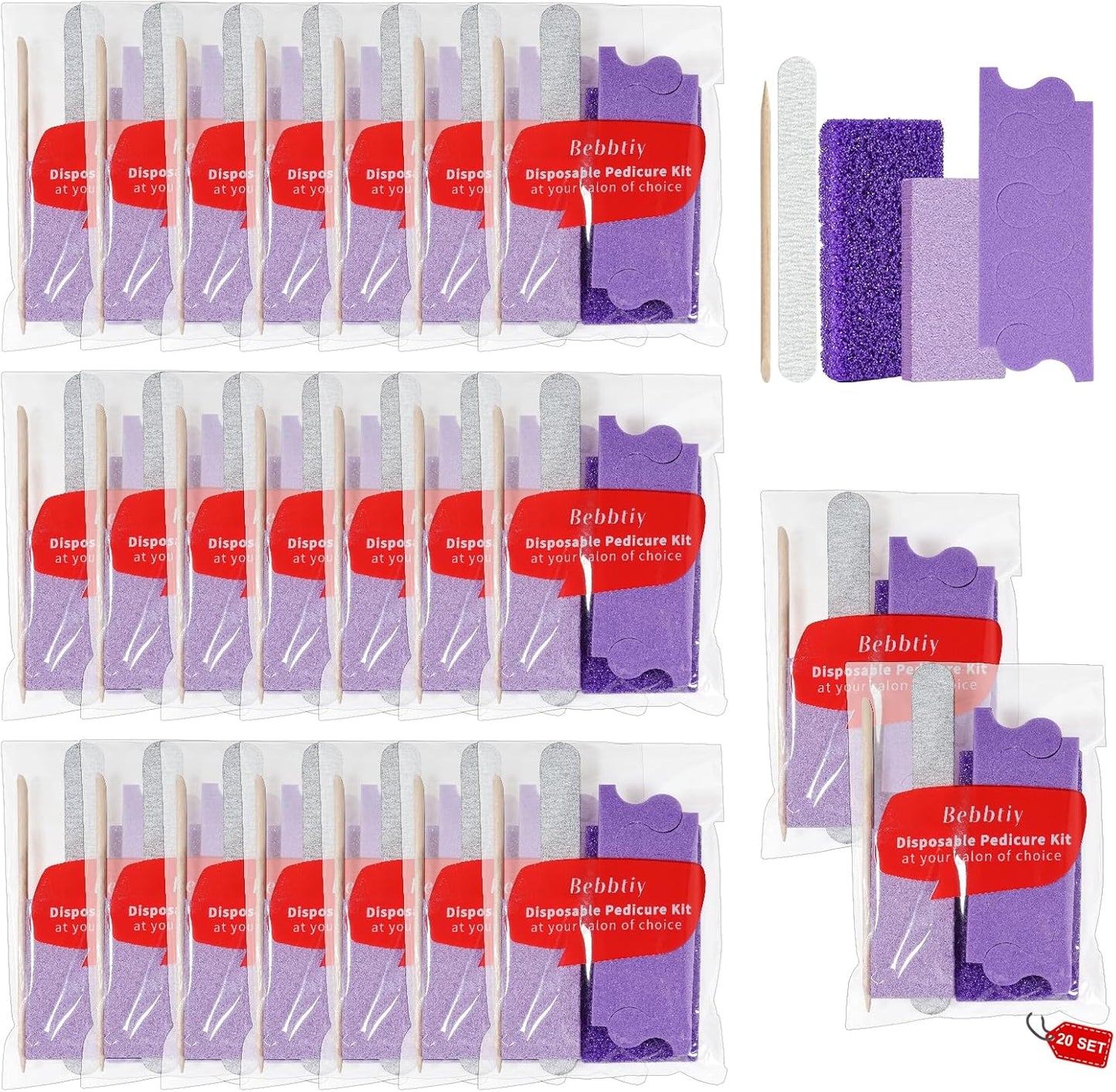 Disposable Pedicure Kit Sets, 5 in 1 Nail Salon Manicure Pedicure Kit Professional, Nail File, Pumice Pad, Mini Buffer, Toe Separator, Wood Stick, Individually Package (20, Count, 80/100 Grit)