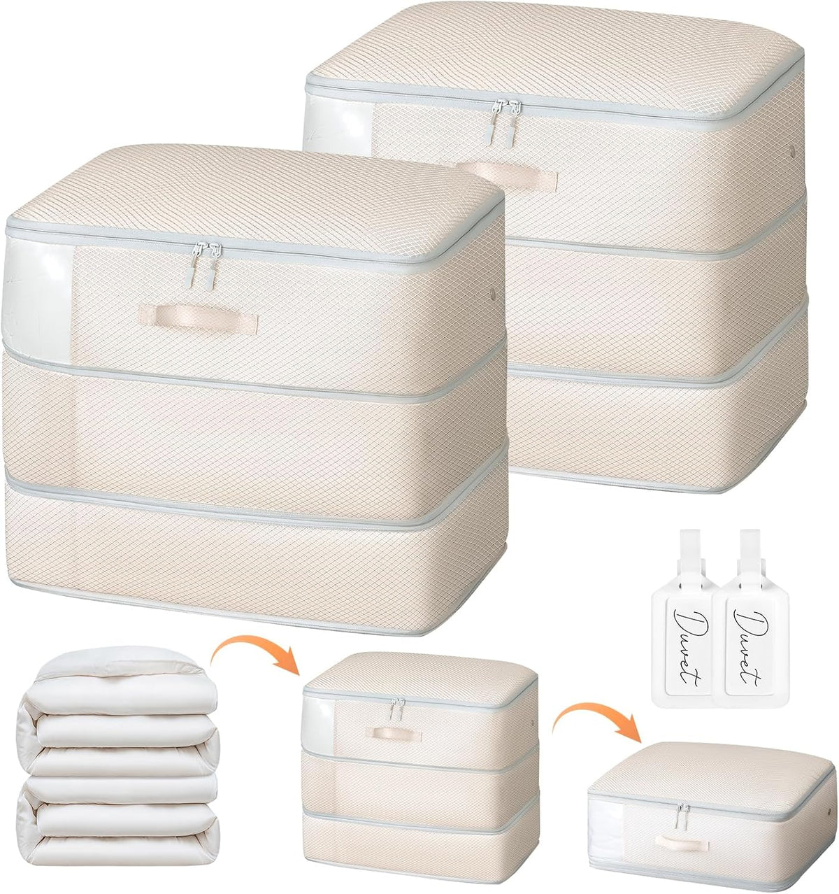 Comforter Storage Bag - Large Capacity Blanket Storage Bags 3-Layer Ultra Space Saving Self Compression Organizer, Washable Compression Bags for Storage Comforter Blanket, Beige