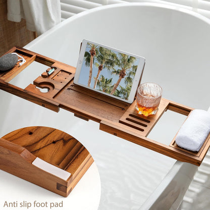 Bamboo Bathtub Tray Caddy - Splash-Proof Adjustable (28.5-40") with Wine Holder, Tablet Stand & Non-Slip Grip | Spa-Grade Organizer for Bath Essentials & Reading- Walnut
