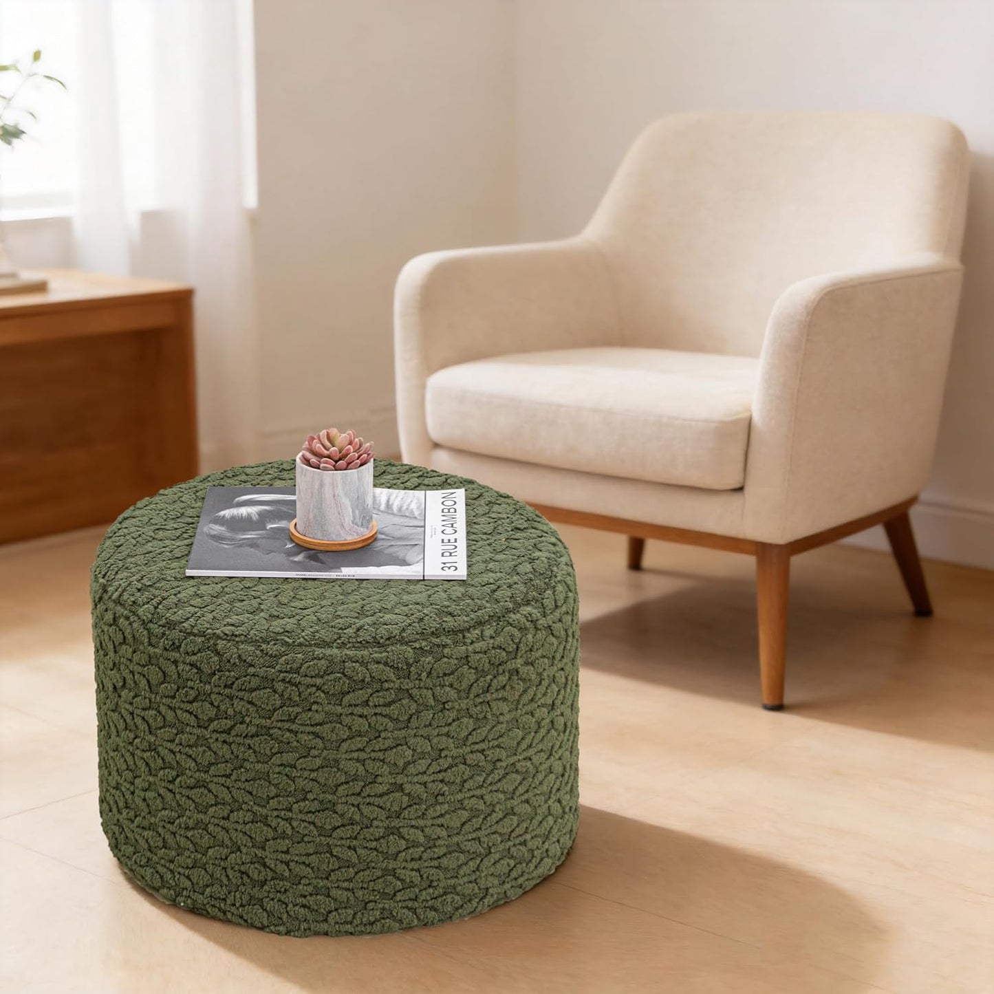 Round Pouf Ottoman 20 x 20 x 14 Inches Boho Poof Home Decor Floor Pouffe Ottoman Foot Rest for Couch Sofa Bean Bag Chairs Living Room Bedroom (Green)