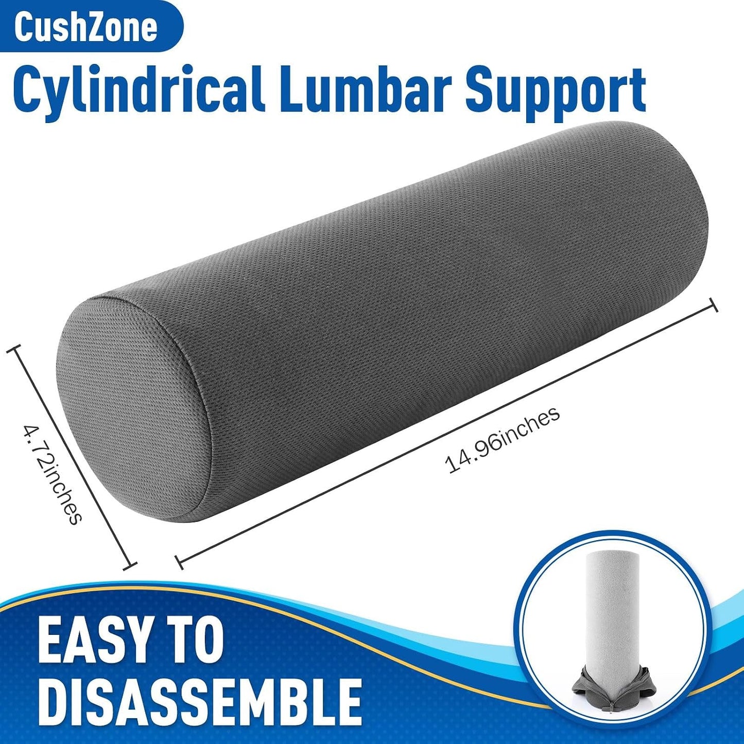 CushZone Lumbar Roll Support Pillow for Office Chair, Car, Gaming Chair, Memory Foam Back Cushion with Washable Cover for Relieving Back Pain & Improving Posture,Black