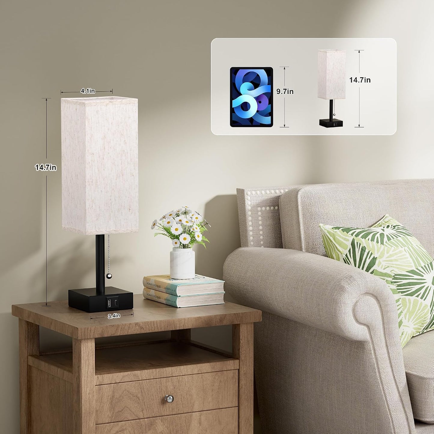 aooshine Small Table Lamp for Bedroom - Bedside Lamps for Nightstand, Minimalist Night Stand Light Lamp with Square Fabric Shade, Desk Reading Lamp for Kids Room Living Room Office Dorm