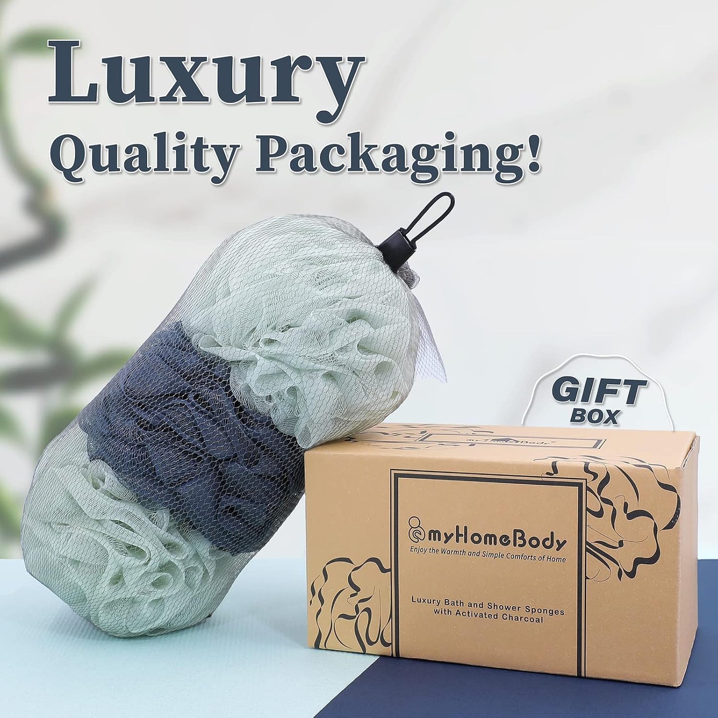 myHomeBody Large 70g Loofah Sponge, Bath Body Scrubber for Women, Men, Exfoliating Shower Pouf with Activated Charcoal - 2 Graphite Gray + 1 Sage Green, 3 Pack