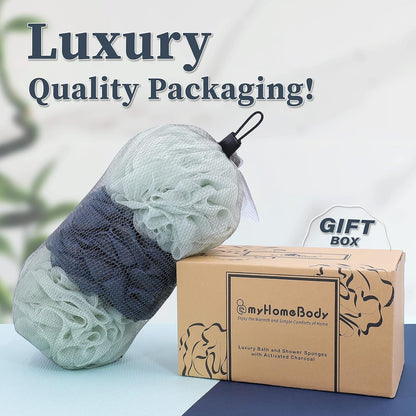 myHomeBody Large 70g Loofah Sponge, Bath Body Scrubber for Women, Men, Exfoliating Shower Pouf with Activated Charcoal - 2 Graphite Gray + 1 Sage Green, 3 Pack
