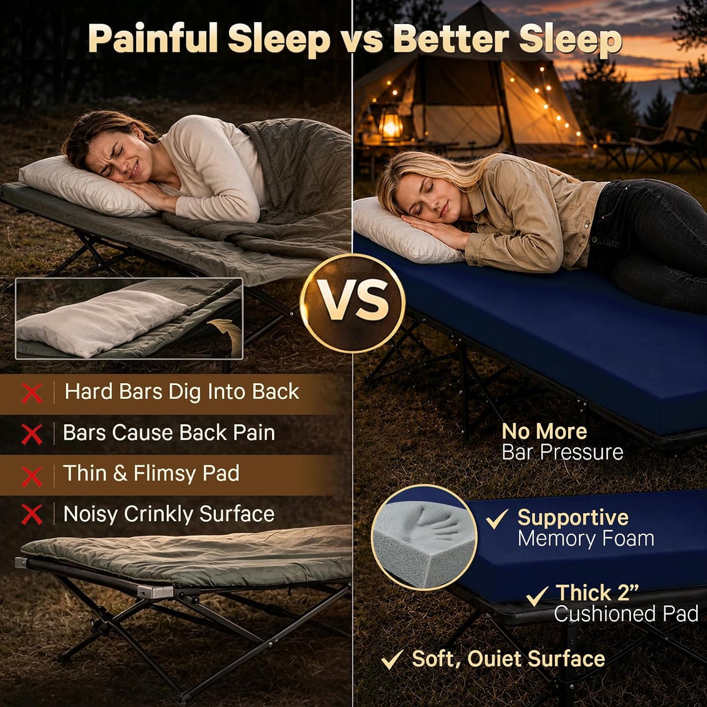 CYMULA Camping Cot Pad 2 Inch Memory Foam, Camping Pad for Folding Cot and Foldable Cot, Portable Roll Up Camp Gear for Car Camping Travel Tent, Non-Slip Waterproof Bottom, Removable Cover, Pad Only