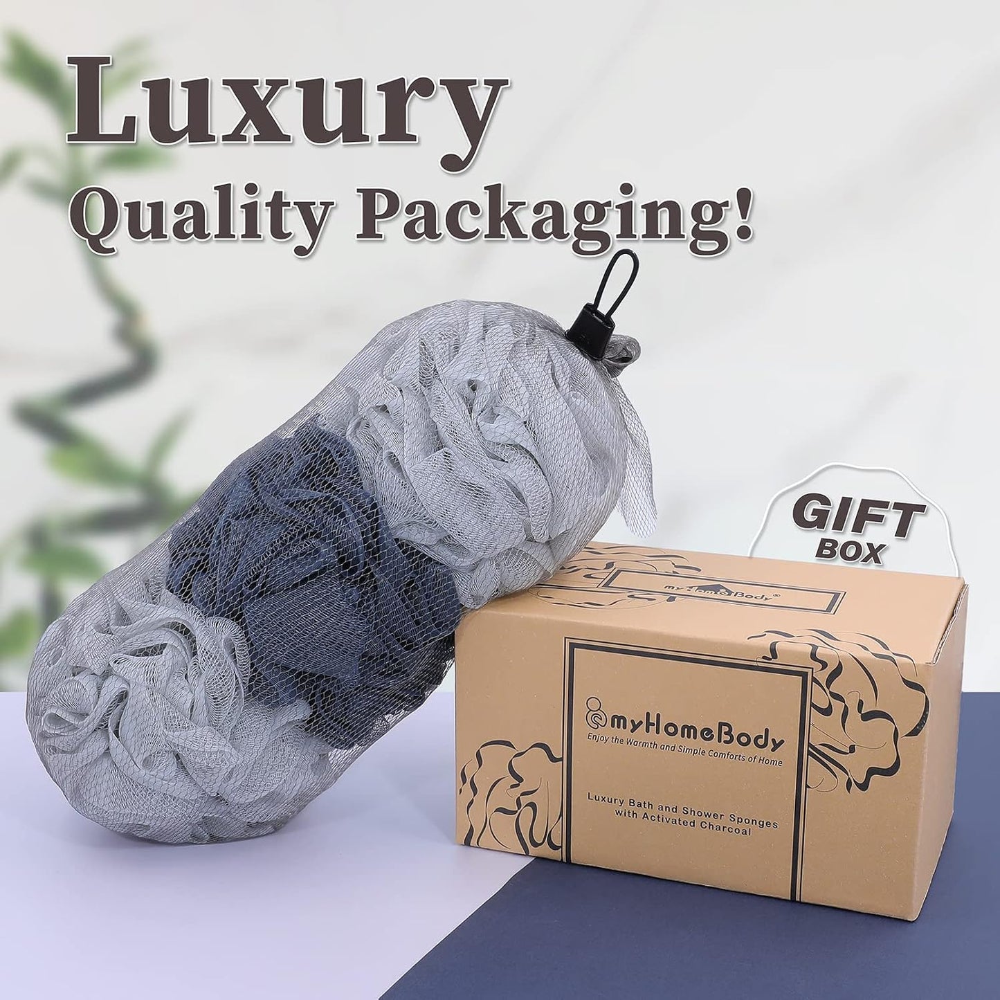 myHomeBody Large 70g Loofah Sponge, Bath Body Scrubber for Women, Men, Exfoliating Shower Pouf with Activated Charcoal - 2 Graphite Gray + 1 Sage Green, 3 Pack
