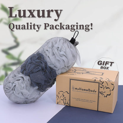 myHomeBody Large 70g Loofah Sponge, Bath Body Scrubber for Women, Men, Exfoliating Shower Pouf with Activated Charcoal - 2 Graphite Gray + 1 Sage Green, 3 Pack
