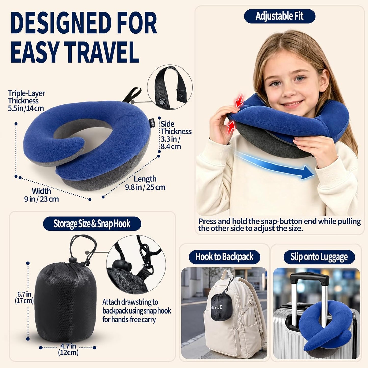BUYUE Travel Neck Pillows for Airplanes, Memory Foam 360° Head Support Sleep for Long Flight, Skin-Friendly & Breathable, Kit with Eye Mask, Earplugs and Storage Bag (Adult, Grey, 90+ lbs)