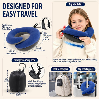 BUYUE Travel Neck Pillows for Airplanes, Memory Foam 360° Head Support Sleep for Long Flight, Skin-Friendly & Breathable, Kit with Eye Mask, Earplugs and Storage Bag (Adult, Grey, 90+ lbs)