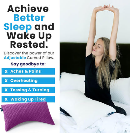 Sidney Sleep Adjustable Curved Pillows for Neck and Shoulder Support with Extra Shredded Fill - Cervical Contour Pillow for Side and Back Sleepers - Queen Size 19" x 29" CertiPUR-US Certified (White)