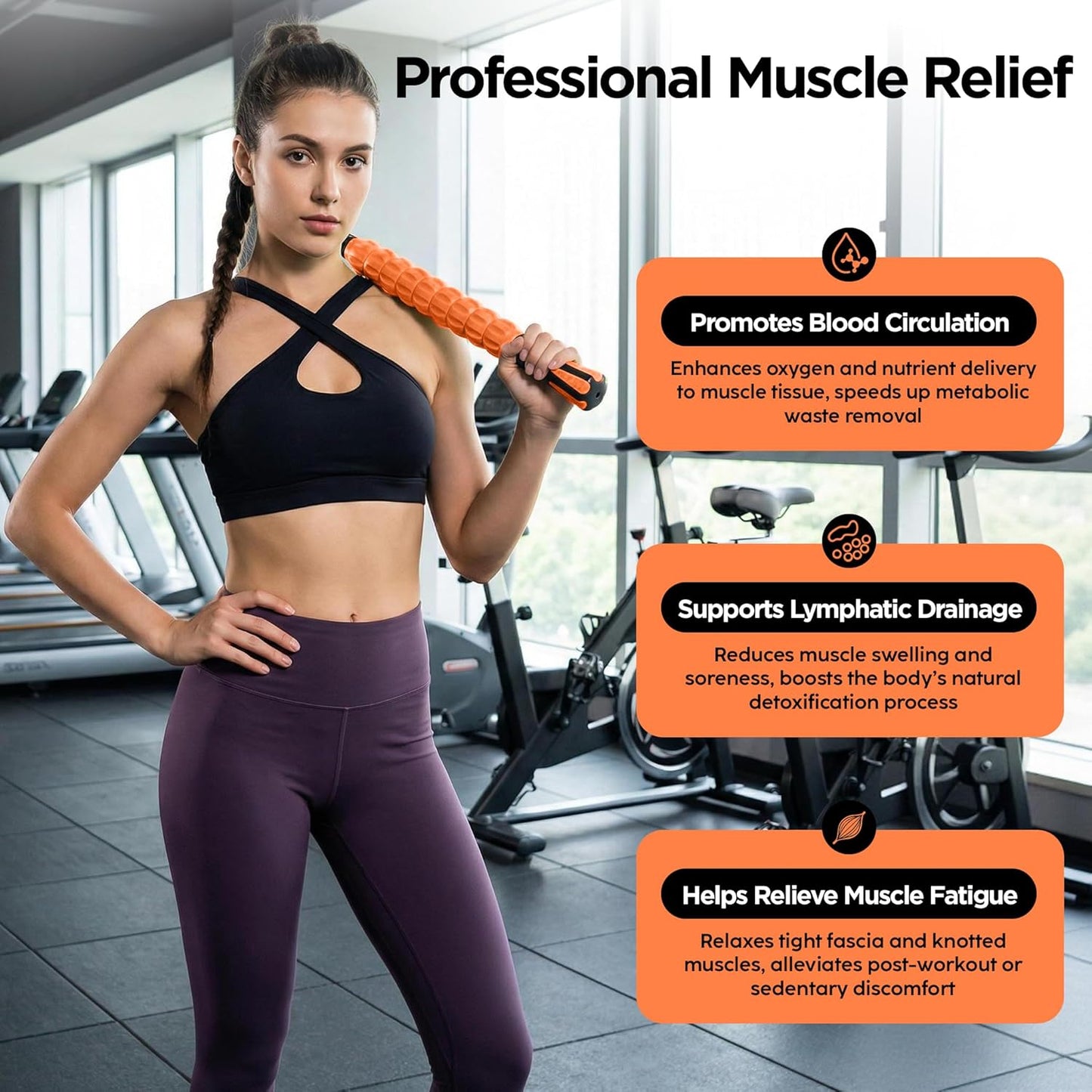 Muscle Roller Massage Roller Stick- Deep Tissue Fascia Blaster for Myofascial Pain Relief, Lymphatic Drainage & Body Sculpting, Handheld Physical Therapy & Recovery Tool (Pink black-18 inch)